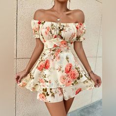 Women's Floral Print Frill Trim Tie Back Ruched Tiered Layer Off The Shoulder A Line Dress, Boho Romantic Puff Sleeve Short Dress For Beach Vacation Holiday Wedding Guest, Ladies Summer Clothes Tube Romper, Off Shoulder Romper, Stretchy Dress, Floral Jumpsuit, Flounce Sleeve, Puffed Sleeves Dress, Floral Romper, Sleeved Romper, Inspiration Mode