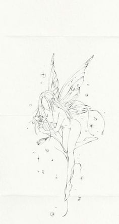 a drawing of a fairy sitting on top of a white sheet with stars in the background