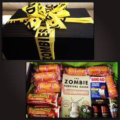 the zombie survival gift box is packed with beer and snacks, including bacon wrapped in yellow ribbon