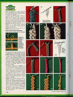 the instructions for crochet are shown in an open book, with pictures of how to