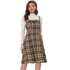 Party Street Style, Vintage Pinafore Dress, Womens Plaid Dress, Plaid Overall Dress, Plaid Dress Vintage, Plaid Dresses, Dresses Brown, Preppy School, Button Decor