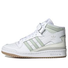 (Wmns) Adidas Originals FORUM Mid 'White Linen Green' GX4578 (SNKR/Cozy/Skate/Women's/Wear-resistant) White Lace-up High-top Sneakers With Three Stripes, Adidas White High-top Sneakers With Logo, White High-top Sneakers With Three Stripes Branding, Comfortable White High-top Skate Shoes, White Three Stripes Sneakers, White Adidas Mid-top Sneakers, White Adidas Logo Mid-top Sneakers, White Mid-top Adidas Sneakers, White High-top Sneakers With Three Stripes