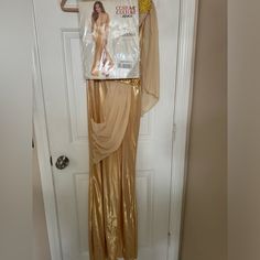 a mannequin dressed in gold is hanging on a door