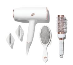 Achieve salon-worthy looks with this T3 AireLuxe Professional Hair Dryer. T3 RapidAire IQ Technology pairs digitally controlled heat with a wide airflow. Five heat and three speed settings offer healthy-looking drying and flexible styling for all hair types, while the volume boost switch boosts the appearance of texture and volume. Lock-in Cool Shot provides a burst of cool air locks in any style for a smooth, glossy finish. Plus, you'll also receive a variety of brushes and concentrators. From Professional Hair Dryer, Detangling Brush, Fun Shots, Professional Hair, All Hair Types, Professional Hairstyles, Styling Tools, Hair Types, Hair Products