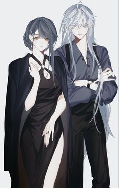 two people standing next to each other with white hair and black clothes on their backs