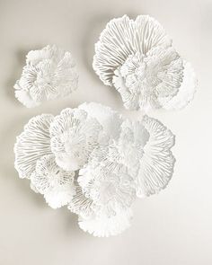 four white paper flowers arranged on the wall