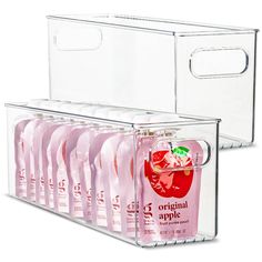 a clear case holds twelve bottles of apple juice