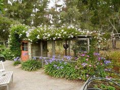 a small building with flowers growing around it