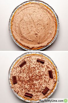 two pies with different toppings sitting on top of each other