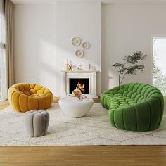 a living room filled with furniture and a fire place in the middle of the room