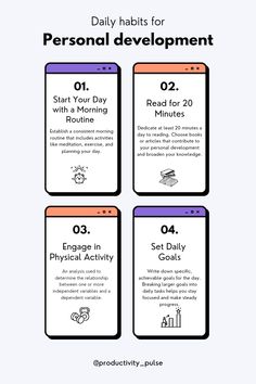 four phone screens with the text daily habit for personal development on each one, and an info