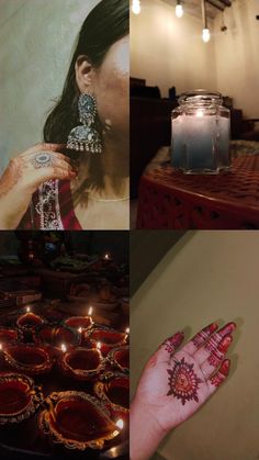 a woman with her hand on the ground and candles in front of her face, surrounded by other pictures