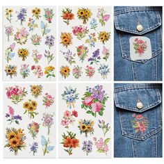 four different images of flowers on the back of a jean jacket