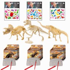 three different dinosaur models in front of each other with stickers on the top and bottom