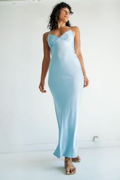 Blue Slip Dress, Prom 2023, Simple Sandals, Cowl Neck Dress, Blue Maxi, Maxi Dress Blue, Dress Cuts, Night Outfits, Powder Blue