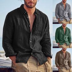 Mens Fall Outfits, Graduation Outfits, Vintage Workwear, Linen Summer, Fall Outfits Men, Linen Shirt Men, Casual Long Sleeve Shirts, Mens Linen, Linen Casual