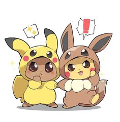 two pokemon characters are standing next to each other, one is holding the other's hand