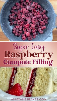 raspberry compote filling in a skillet with the words super easy raspberry compote filling