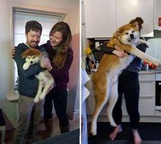 two pictures of a man and woman hugging their dogs in the kitchen, one is holding his dog