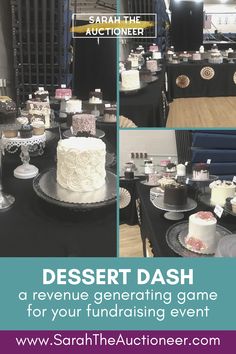 dessert dash at the auction center with black tablecloths and white cake on plates