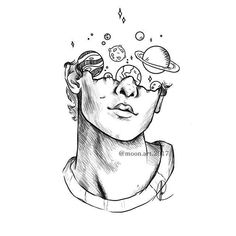 a drawing of a man's head with planets and stars coming out of his eyes