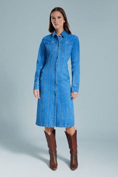 The Lorna Denim Shirt Dress serves forward-thinking style in a timeless-meets-modern cotton denim silhouette with contrast design stitching that shapes the body, a button-through front, standard collar, a front and back yoke and a back split movement. SIZING: True to size. AU: Model wears a size 8 / US: Model wears a size 4.FABRICATION: Main: 100% cotton - Midi length - Design stitching details - Back split Fitted Denim Dress With Snap Buttons For Workwear, Denim Workwear Dress With Snap Buttons, Denim Dress With Snap Buttons For Workwear, Workwear Denim Dress With Snap Buttons, Corsets Fashion, Mum Jeans, Denim Skirt Fashion, Contrast Design, Corset Shirt