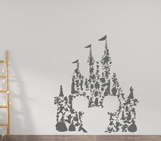 a castle wall decal with many people on it