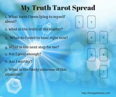 a blue background with the words,'my truth tarot spread what have i been lying to my self about? 2 what is the truth of the matter? 3 what do i need to