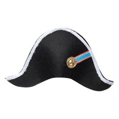 a black pirate hat with a red, white and blue stripe