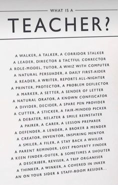 the back cover of what is a teacher?, with black and white writing on it