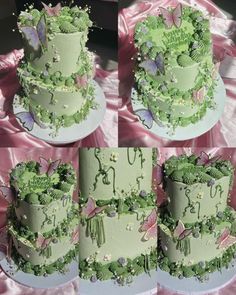 four tiered cake with green frosting and butterflies