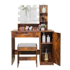 a wooden desk with a mirror, stool and bottles on it in front of a white background