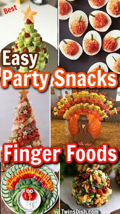 Holiday appetizers, Thanksgiving turkey crudite platter, fruit skewers stuck in a pumpkin, cheeseball, Christmas tree chartcuterie, pumpkin deviled eggs, Christmas tree shaped sandwich wraps Easy Party Snacks Finger Foods, Party Snacks Finger Foods, Easy Party Snacks