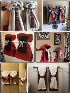 several pictures of towels hanging on the wall and towel racks in different styles, colors and designs