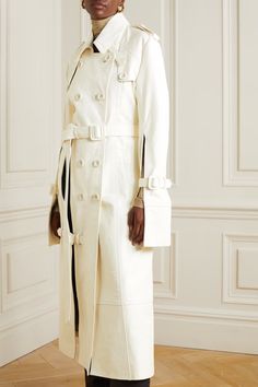 Off-white Double-breasted leather trench coat | ACNE STUDIOS | NET-A-PORTER Cream Leather Outerwear For Work, Designer White Outerwear With Buttons, Elegant Cream Leather Outerwear, Designer White Outerwear For Work, Chic White Leather Outerwear, Luxury White Leather Outerwear, White Trench Coat Outfit, White Coat Outfit, Off White Coat