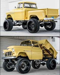 an old yellow pickup truck parked in front of a garage