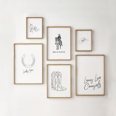 six framed drawings on the wall with cowboy boots and horseshoes in different frames above them