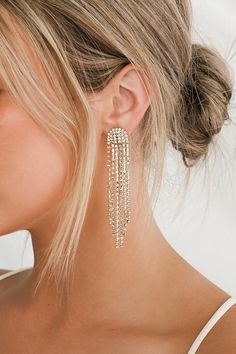 Petit Moments Glitz - Gold Rhinestone Earrings - Tassel Earrings - Lulus Rhinestone Tassel Earrings, Gold Rhinestone Earrings, Gold Snake Chain, Prom Earrings, A Night To Remember, Prom Jewelry, Gold Statement Earrings, Tassel Drop Earrings, Sparkly Earrings