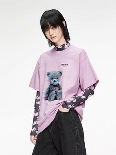 MO&Co. Women's Cartoon Print Cotton T-shirt 100 Cotton Purple T Shirts Long T Shirts For Women, Long T Shirts, Teddy Bear Clothes, Black And White Cartoon, Purple T Shirts, Round Neck Tees, Cartoon T Shirts, Bear Print, Knit Cotton