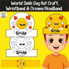 a child wearing a smiley face hat with hearts on it and the words smile, smile