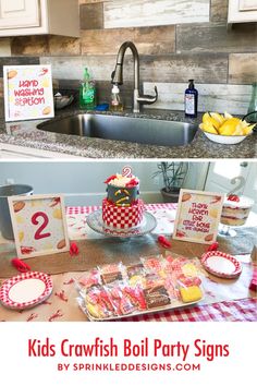 kids's birthday party signs and decorations in the kitchen