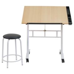 a table with two stools next to it and a small desk on the other side