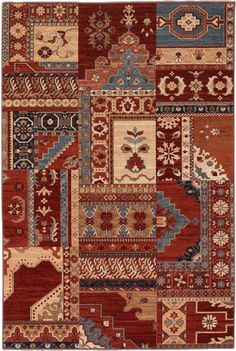 an area rug with many different colors and patterns on it, including red, blue, beige