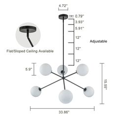 an image of a chandelier with five lights and measurements for the ceiling fixture