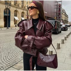 Size: S, Color: Wine Red Crop Top Styles, Burgundy Leather Jacket, Short Leather Jacket, Party Jackets, Cropped Coat, Leather Jacket Style, Cropped Leather Jacket, Jaco, 가을 패션