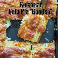 some food that is sitting in a pan on a table with the words vegetarian feta pie banitaa