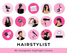 the hair stylist logo is shown in pink and black, surrounded by various icons