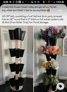 two pictures of flowers in black vases on top of a table