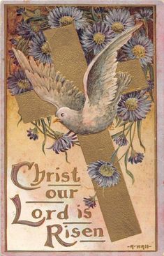 an image of a cross with flowers and doves in the center that says christ our lord is risen