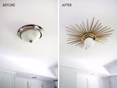 before and after photos of a ceiling light in a kitchen with white walls, cabinets and cupboards